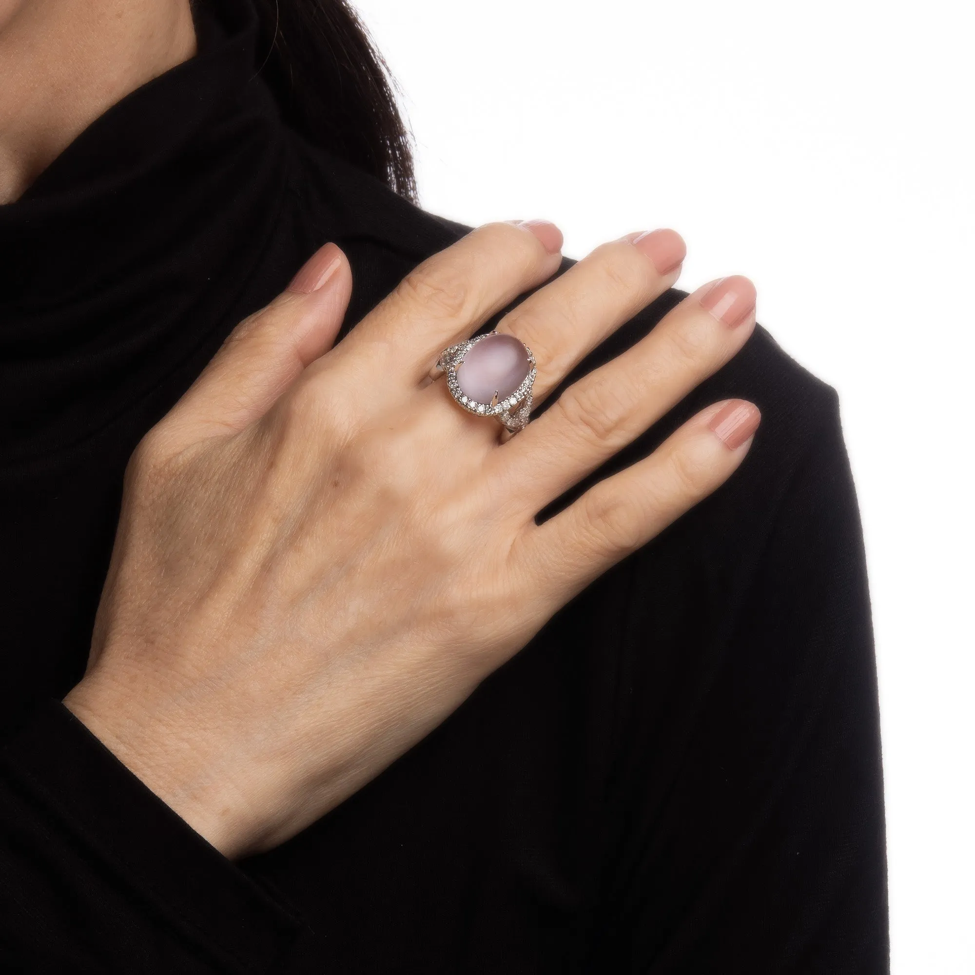 Frosted Rose Quartz Diamond Ring Estate Sz 6 14k White Gold Cocktail Jewelry