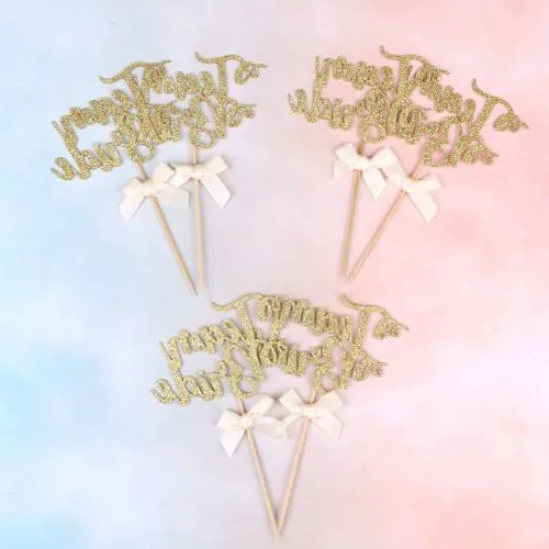 Gold Letter "Team Bride" with Ribbon, Pack of 24 Cupcake Toppers