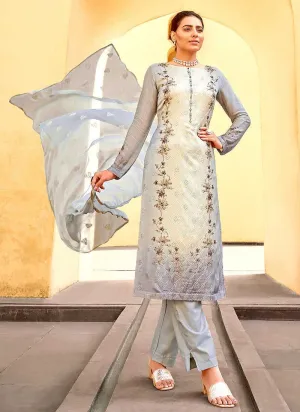 Grey Floral Print Embroidered Straight Pant Suit