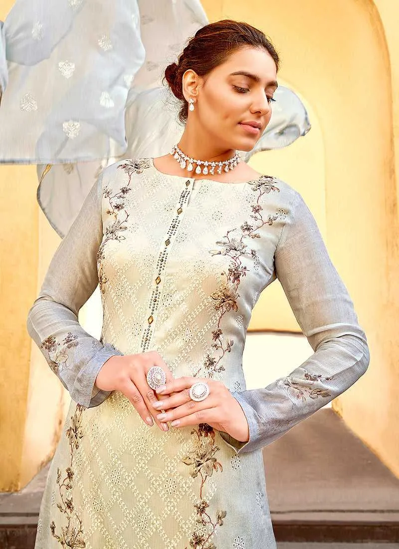 Grey Floral Print Embroidered Straight Pant Suit