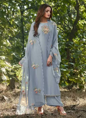 Greyish Blue Embroidered Straight Pant Style Suit
