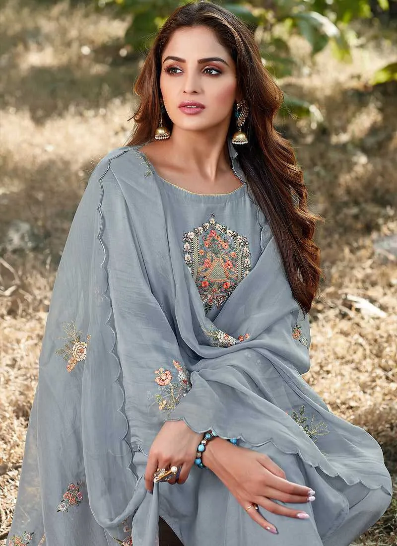 Greyish Blue Embroidered Straight Pant Style Suit