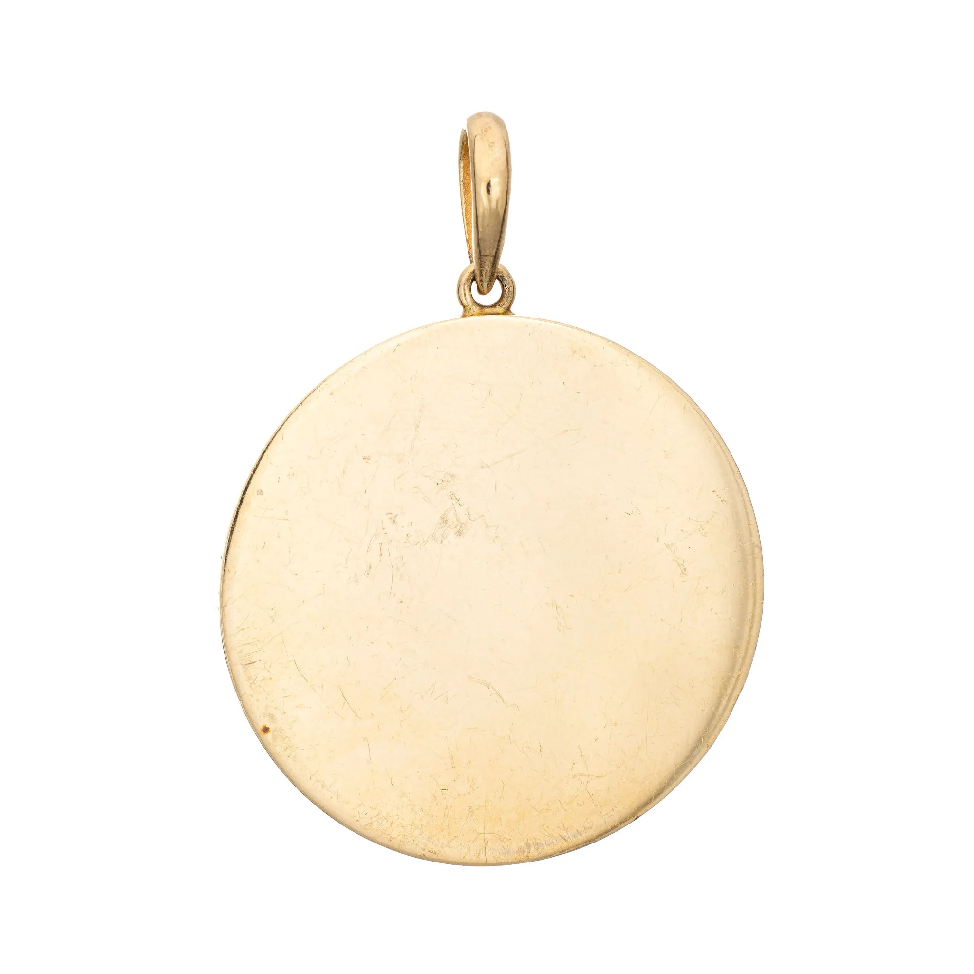 Happy Face Medallion Pendant Vintage Diamond Eyes 14k Yellow Gold Large Round