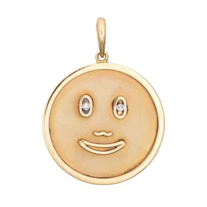 Happy Face Medallion Pendant Vintage Diamond Eyes 14k Yellow Gold Large Round