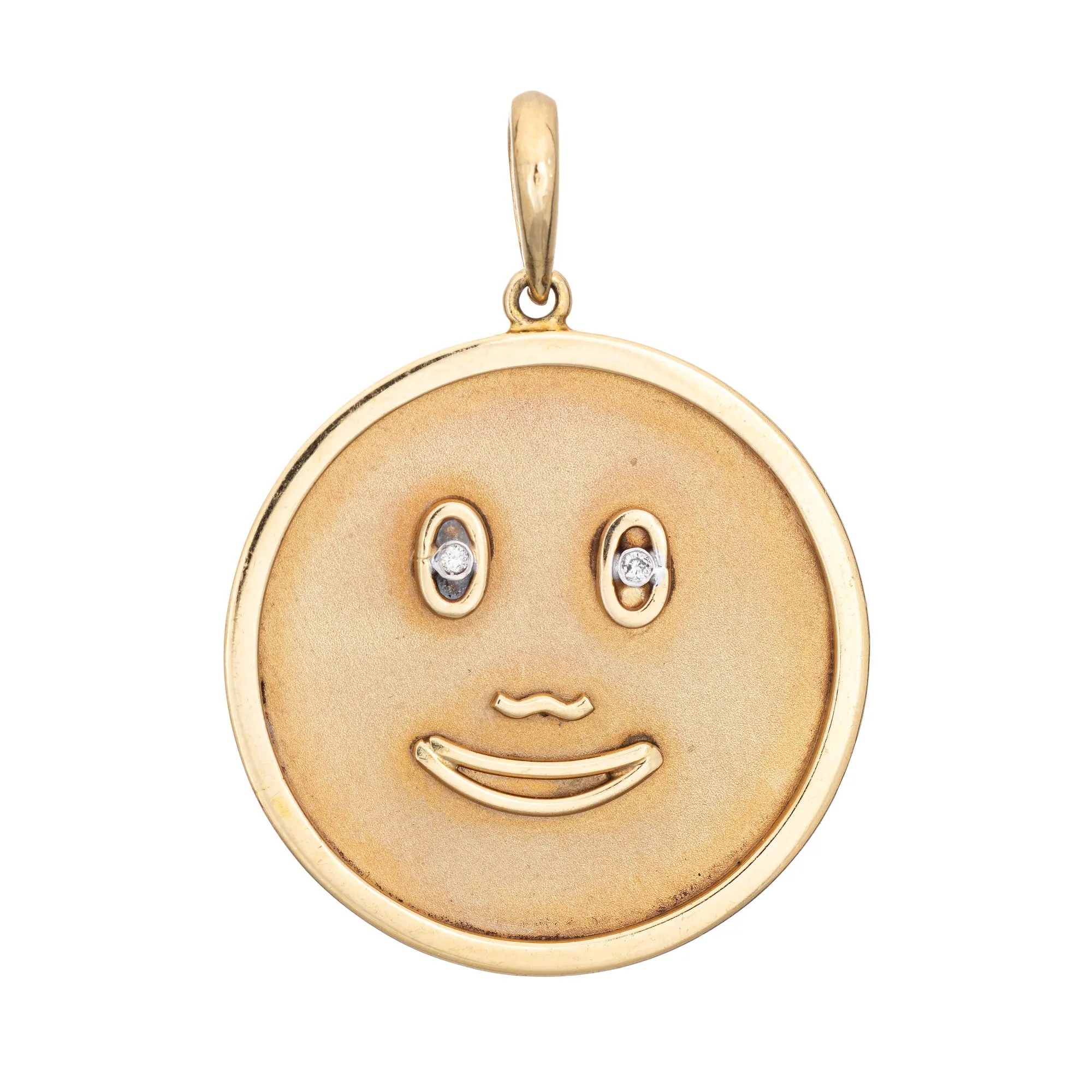 Happy Face Medallion Pendant Vintage Diamond Eyes 14k Yellow Gold Large Round