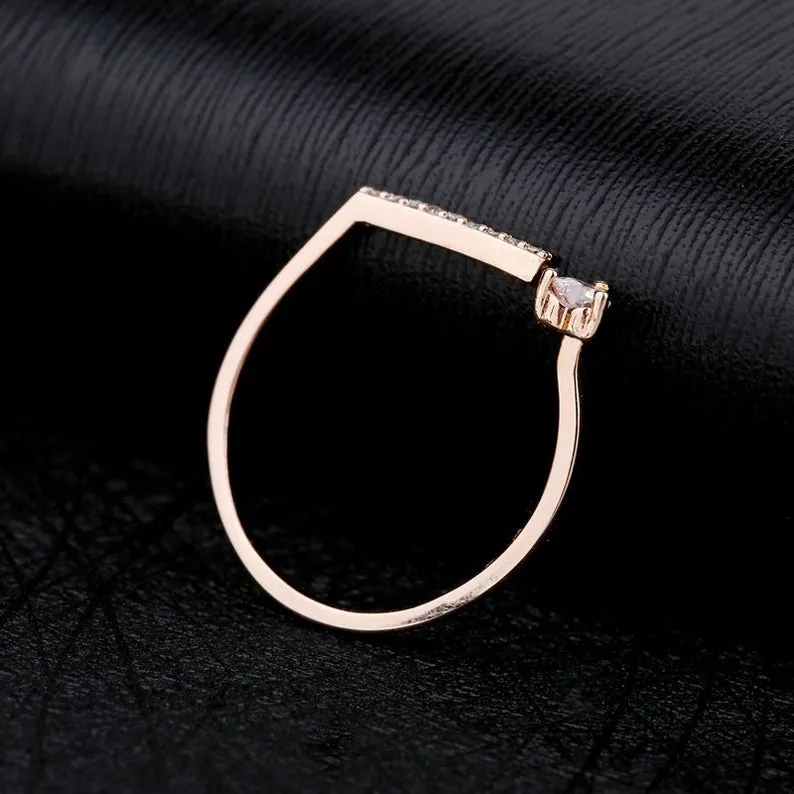 Heart Moissanite engagement band, Rose gold simple thin dainty diamond wedding ring, Celtic bridal anniversary gift, unique top flat rings
