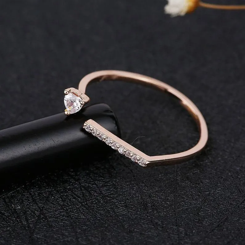 Heart Moissanite engagement band, Rose gold simple thin dainty diamond wedding ring, Celtic bridal anniversary gift, unique top flat rings