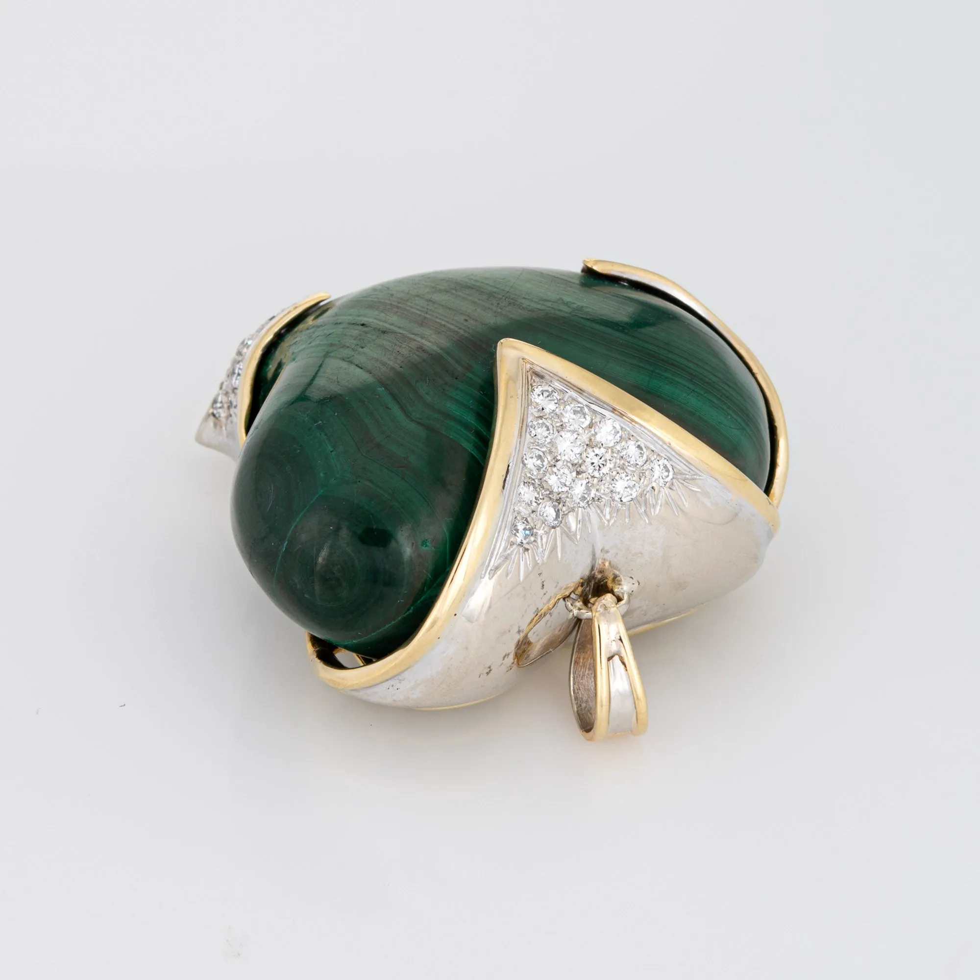 Huge Puffed Heart Pendant Malachite Diamond 14k Yellow Gold Heavy Jewelry