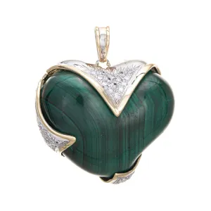 Huge Puffed Heart Pendant Malachite Diamond 14k Yellow Gold Heavy Jewelry
