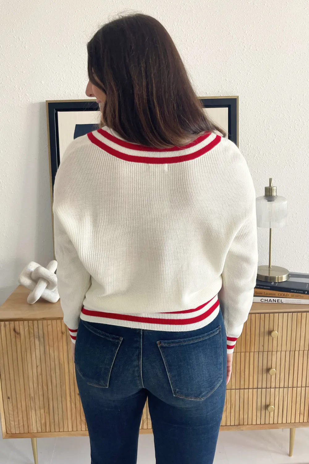 Knit Stripe Detailing V-Neck Sweater
