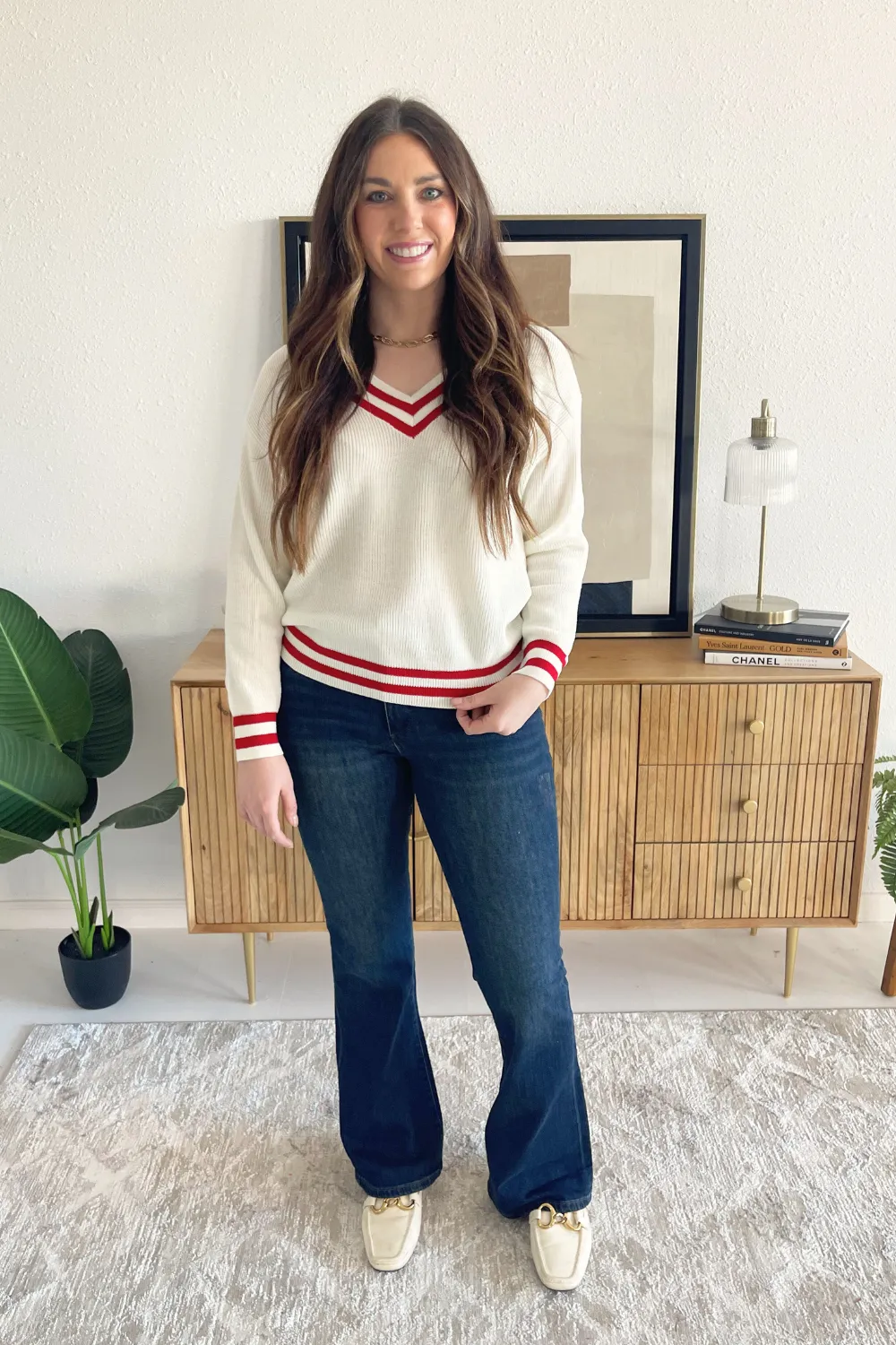 Knit Stripe Detailing V-Neck Sweater