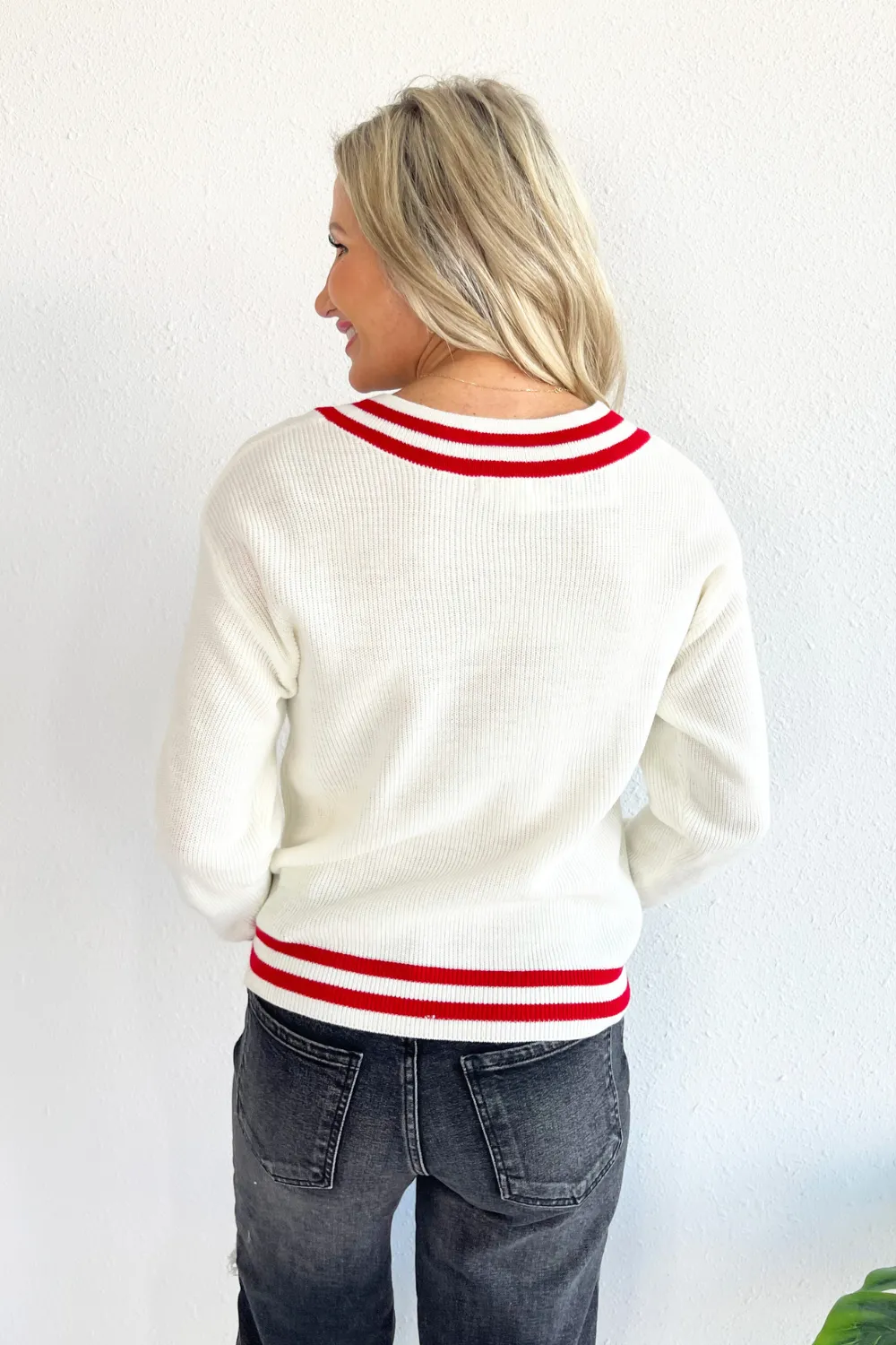 Knit Stripe Detailing V-Neck Sweater