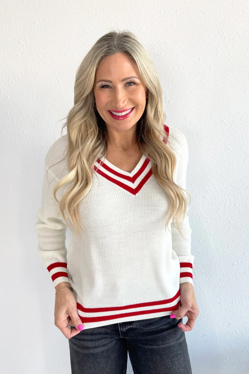 Knit Stripe Detailing V-Neck Sweater