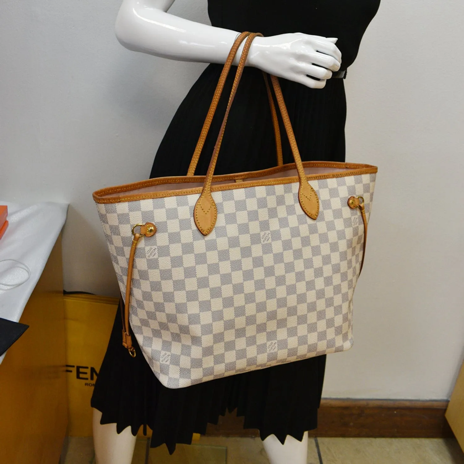 LOUIS VUITTON Neverfull MM Damier Azur Tote Bag Rose Ballerine SD1138