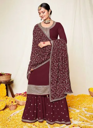 Maroon and Gold Embroidered Gharara Suit