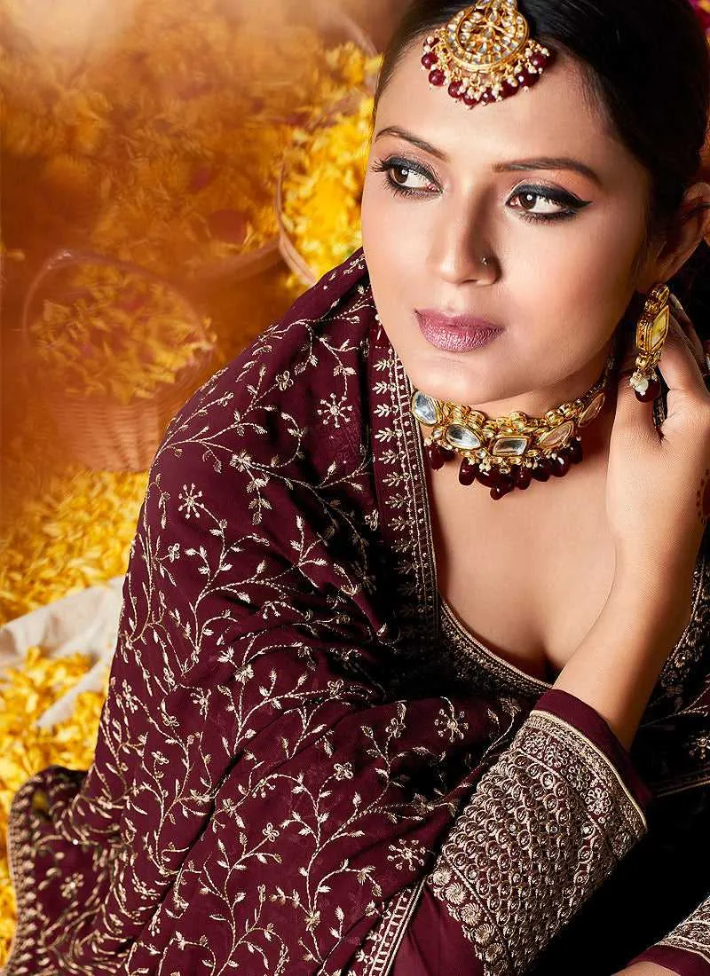 Maroon and Gold Embroidered Gharara Suit