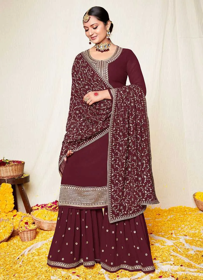 Maroon and Gold Embroidered Gharara Suit