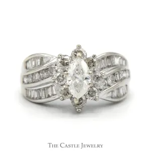 Marquise Cut Diamond Solitaire with Diamond Halo and Baguette Diamond Accented Sides in 14k White Gold