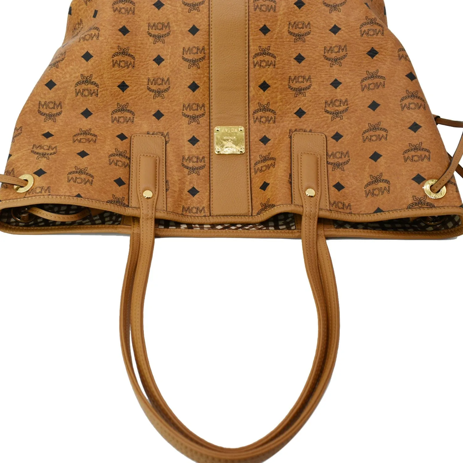 MCM Reversible Liz Medium Visetos Canvas Shopper Tote Bag Cognac