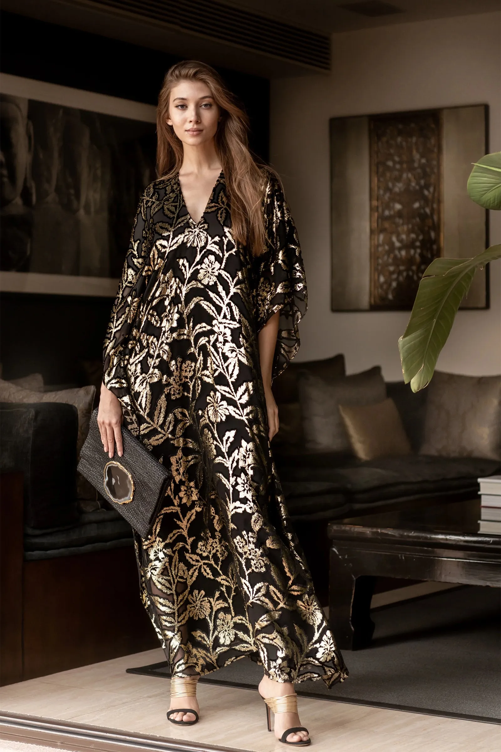 Metallic Long Flower Devore Boubou Caftan