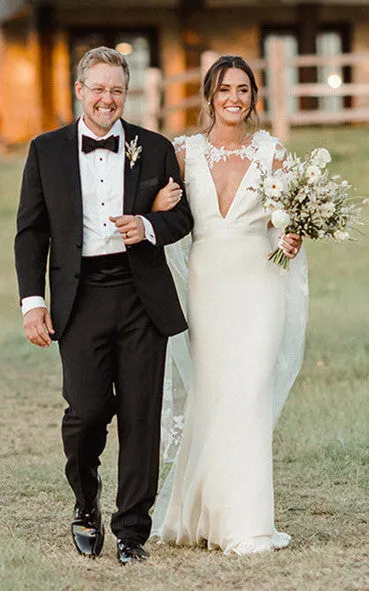 Modern Sheath V-neck Satin Sweep Train Wedding Dress-716434