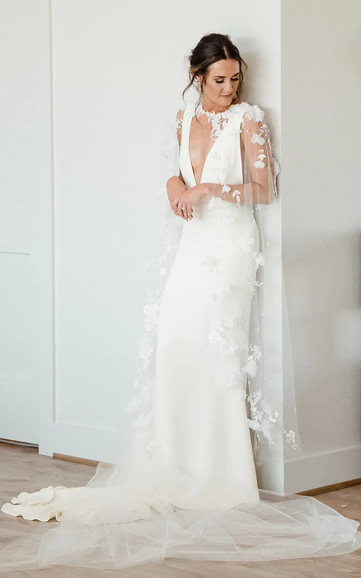 Modern Sheath V-neck Satin Sweep Train Wedding Dress-716434