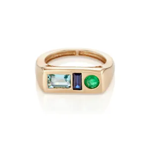 Modernist Signet Ring - Emerald, Aqua, Sapphires
