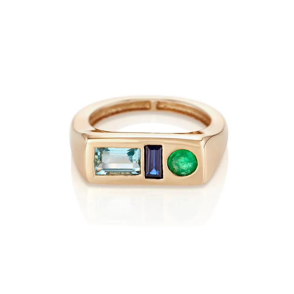 Modernist Signet Ring - Emerald, Aqua, Sapphires