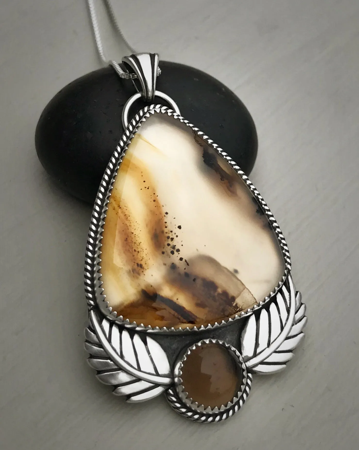 Montana Agate & Smoky Quartz Leaf Pendant
