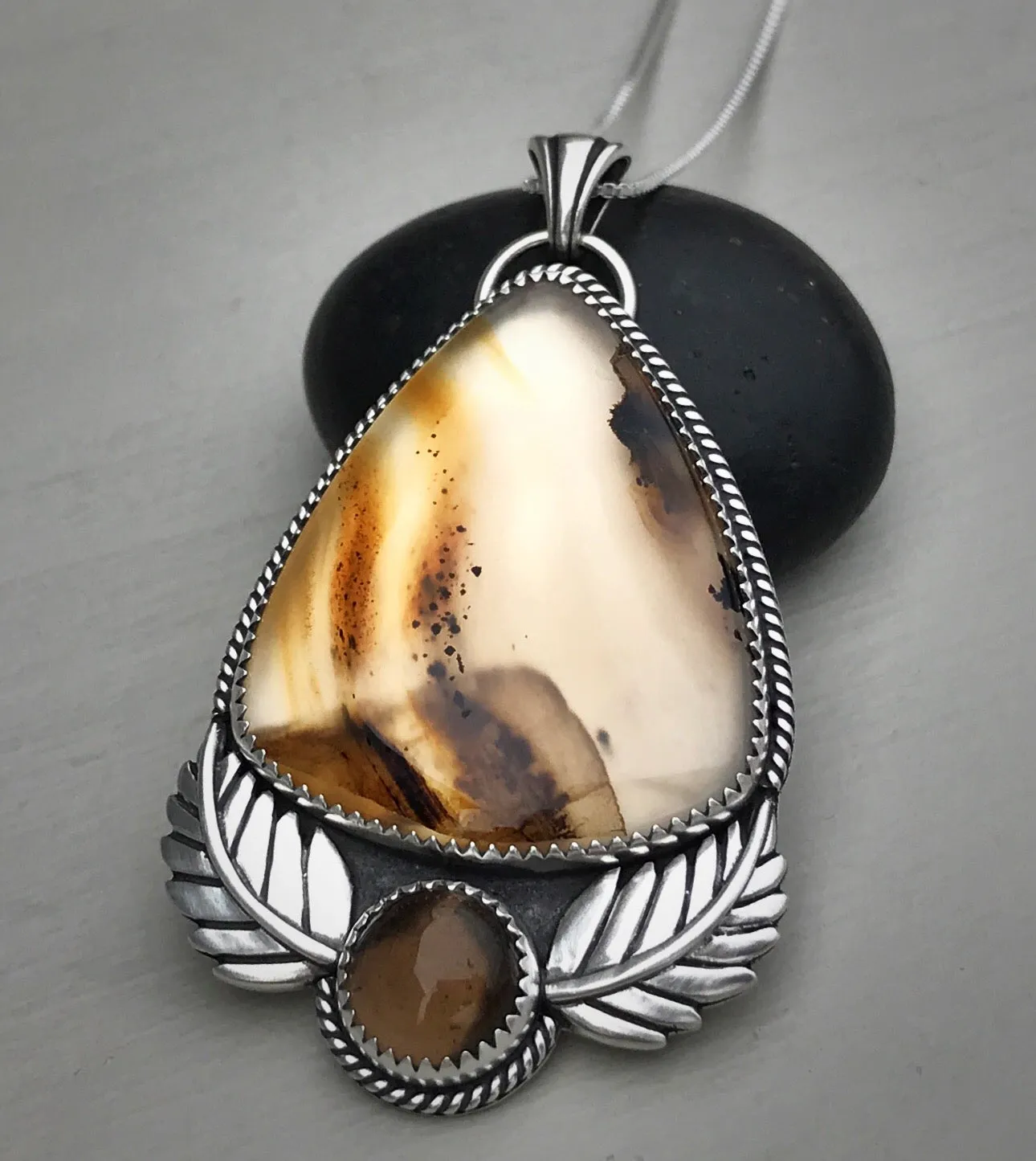 Montana Agate & Smoky Quartz Leaf Pendant