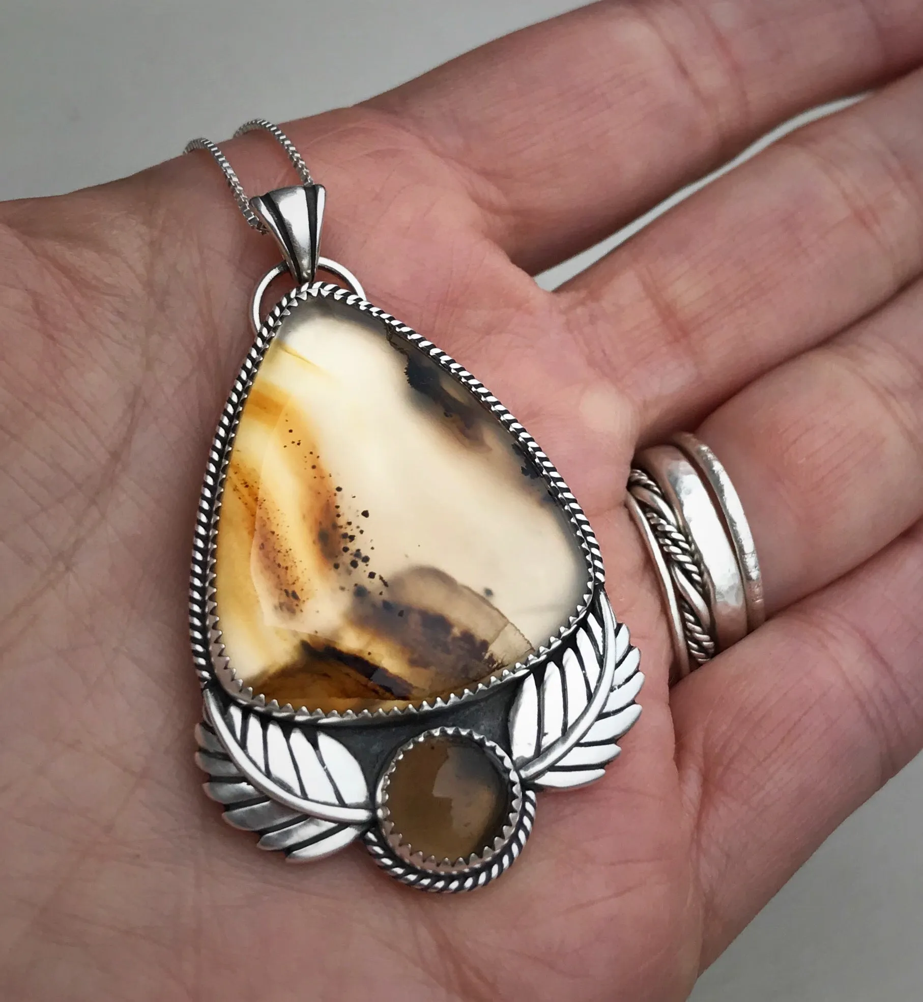Montana Agate & Smoky Quartz Leaf Pendant