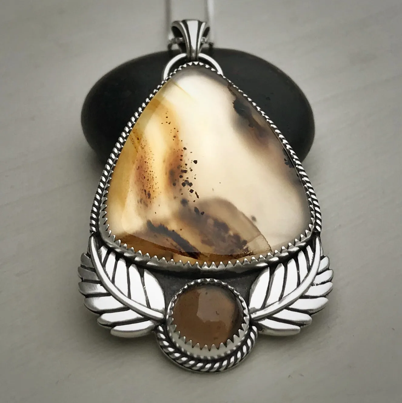 Montana Agate & Smoky Quartz Leaf Pendant