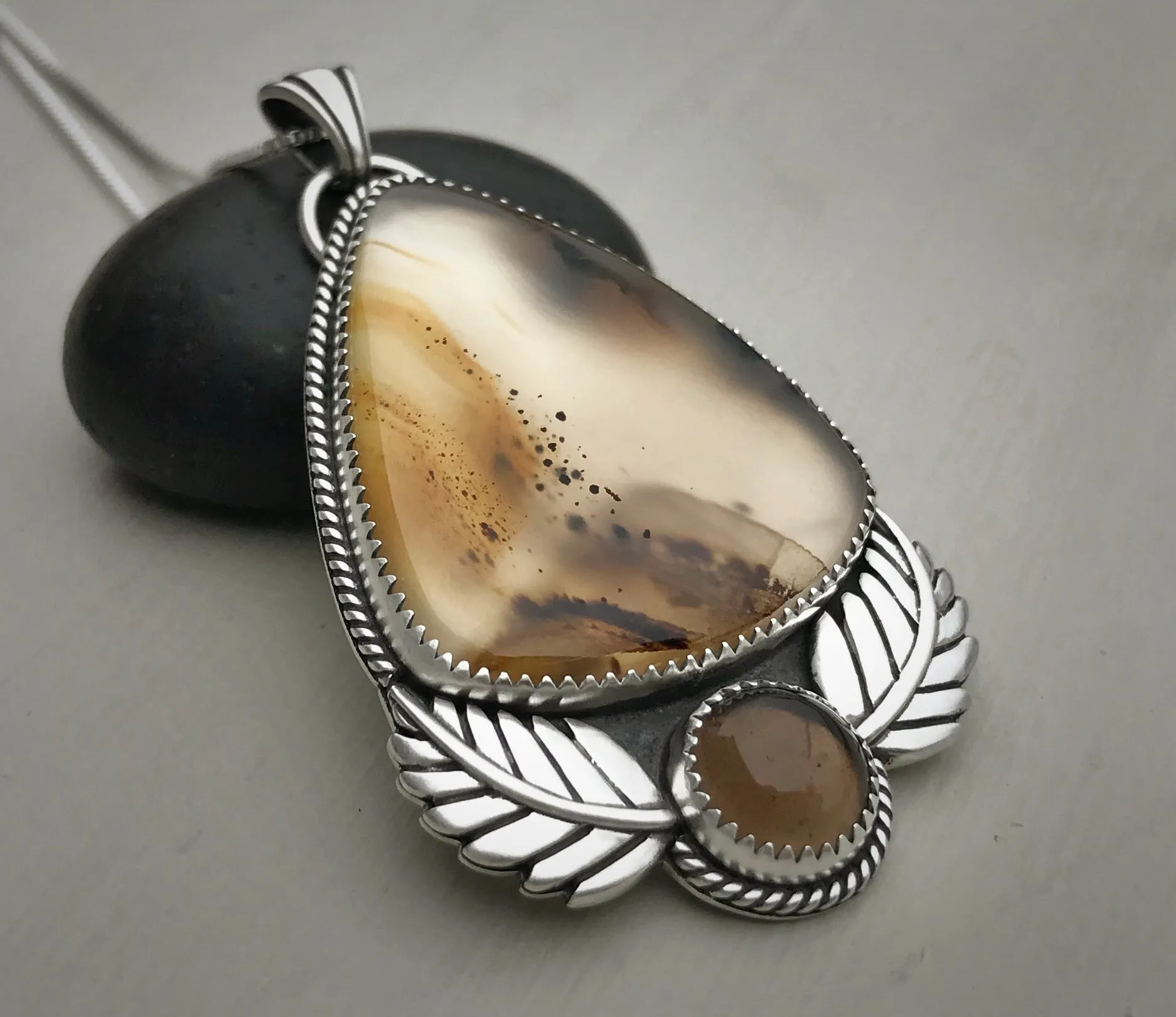 Montana Agate & Smoky Quartz Leaf Pendant