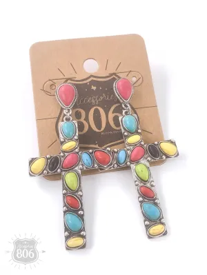 Multicolor Stone Cross Earrings