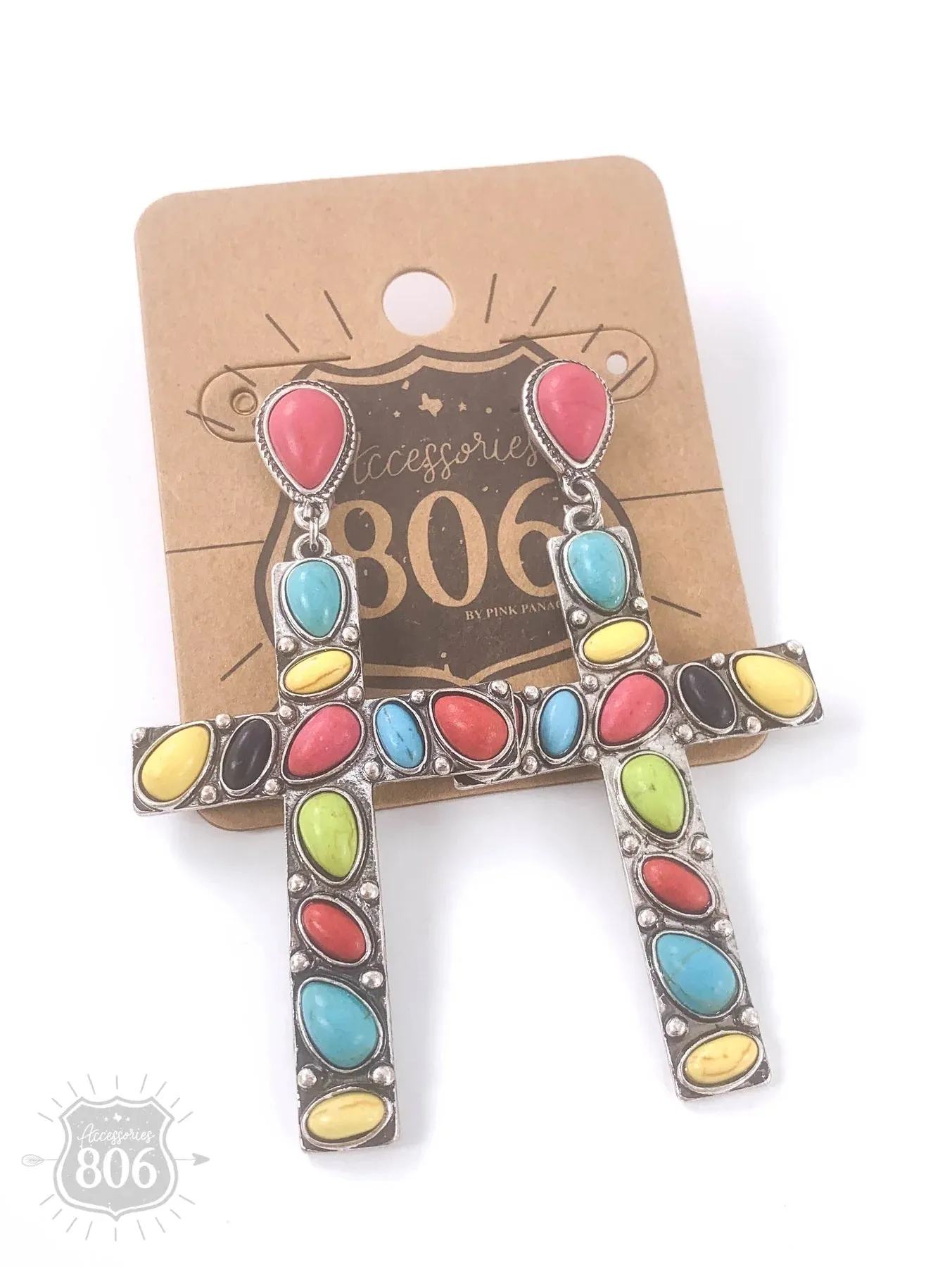 Multicolor Stone Cross Earrings
