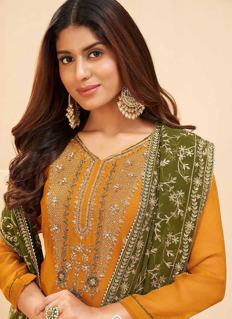 Mustard and Green Embroidered Pant Style Suit
