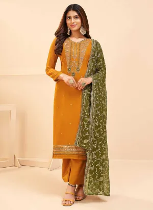 Mustard and Green Embroidered Pant Style Suit