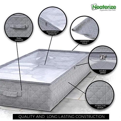 NEATERIZE Large Under Bed Storage Bags | 2-Pack Underbed Clothing Organizer | Ultra Thick Fabric, Reinforced Handles & Zipper | Stackable Organization and Storage Containers for Bedroom [Grey]