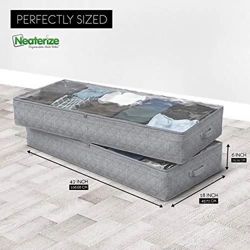NEATERIZE Large Under Bed Storage Bags | 2-Pack Underbed Clothing Organizer | Ultra Thick Fabric, Reinforced Handles & Zipper | Stackable Organization and Storage Containers for Bedroom [Grey]