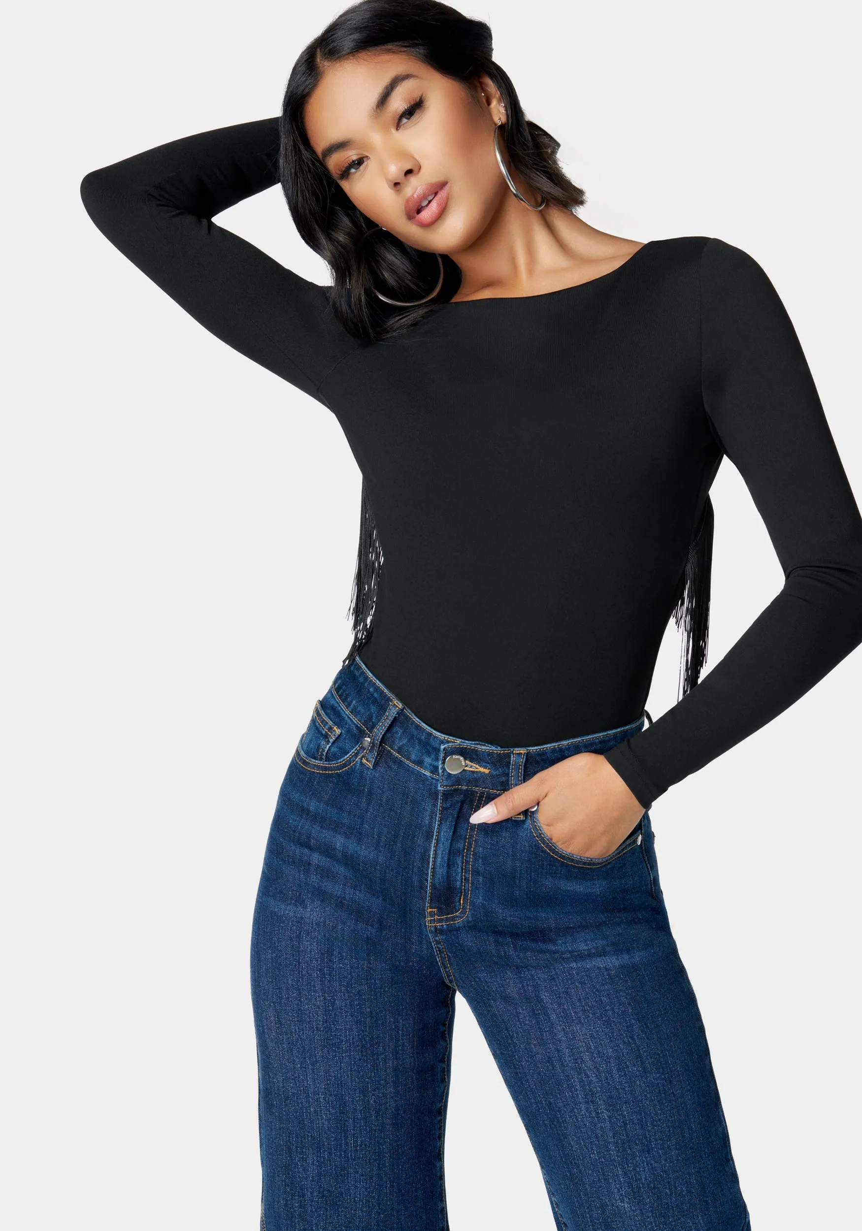 Open Back Fringe Trim Bodysuit