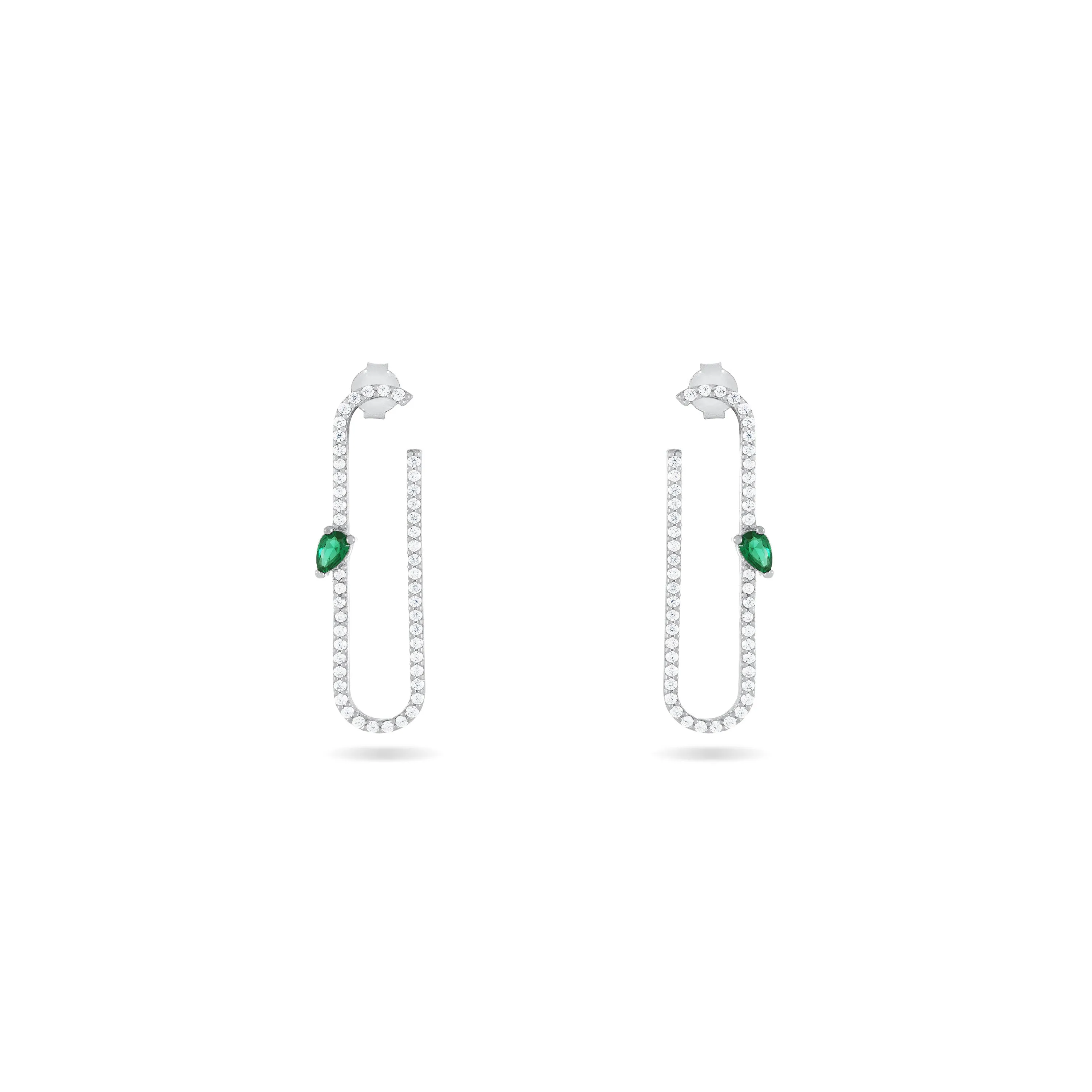 Paperclip With Teardrop Statement Earrings - Silver Green And White