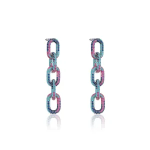 Pave Paperclip Chain Link Earrings - Silver Multicolor