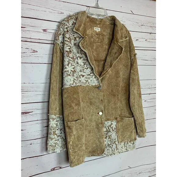 POL Anthropologie Women's L Large Brown Corduroy Lace Oversized Boho Jacket Coat