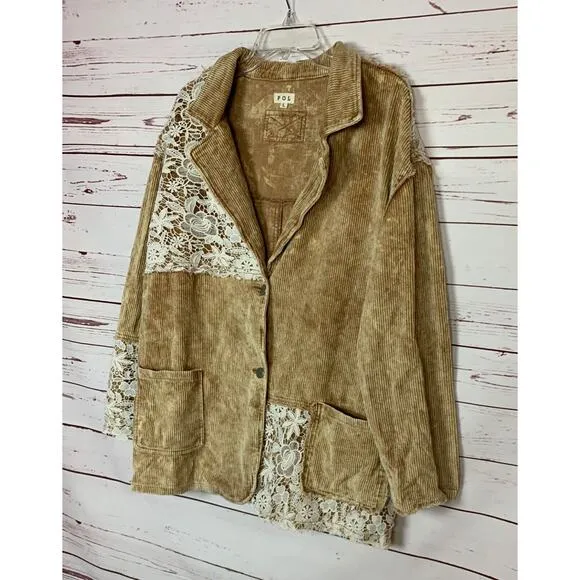 POL Anthropologie Women's L Large Brown Corduroy Lace Oversized Boho Jacket Coat