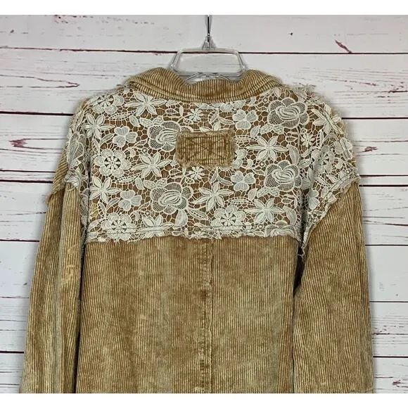 POL Anthropologie Women's L Large Brown Corduroy Lace Oversized Boho Jacket Coat