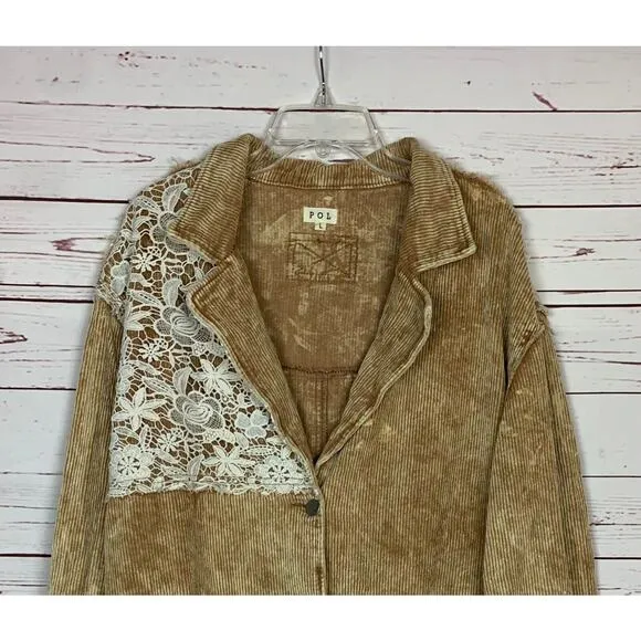 POL Anthropologie Women's L Large Brown Corduroy Lace Oversized Boho Jacket Coat
