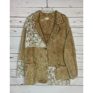 POL Anthropologie Women's L Large Brown Corduroy Lace Oversized Boho Jacket Coat