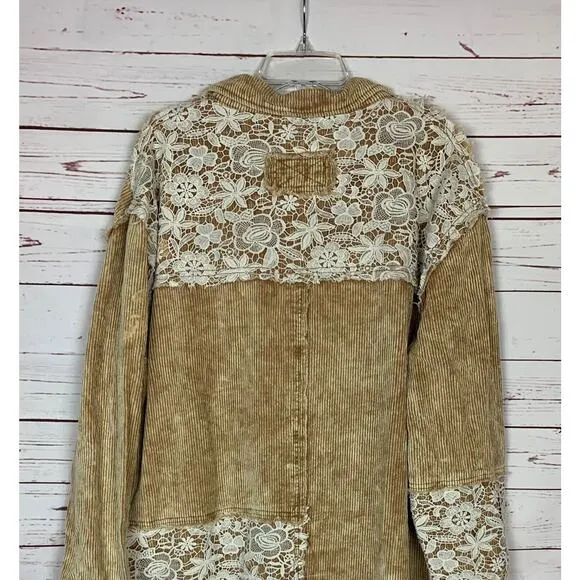 POL Anthropologie Women's L Large Brown Corduroy Lace Oversized Boho Jacket Coat
