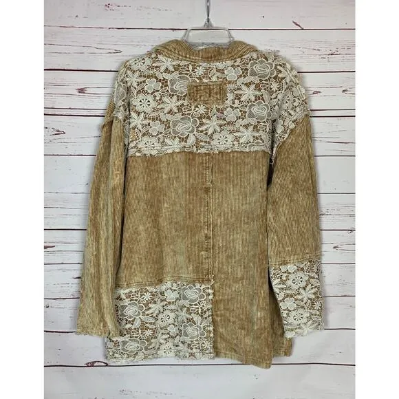POL Anthropologie Women's L Large Brown Corduroy Lace Oversized Boho Jacket Coat