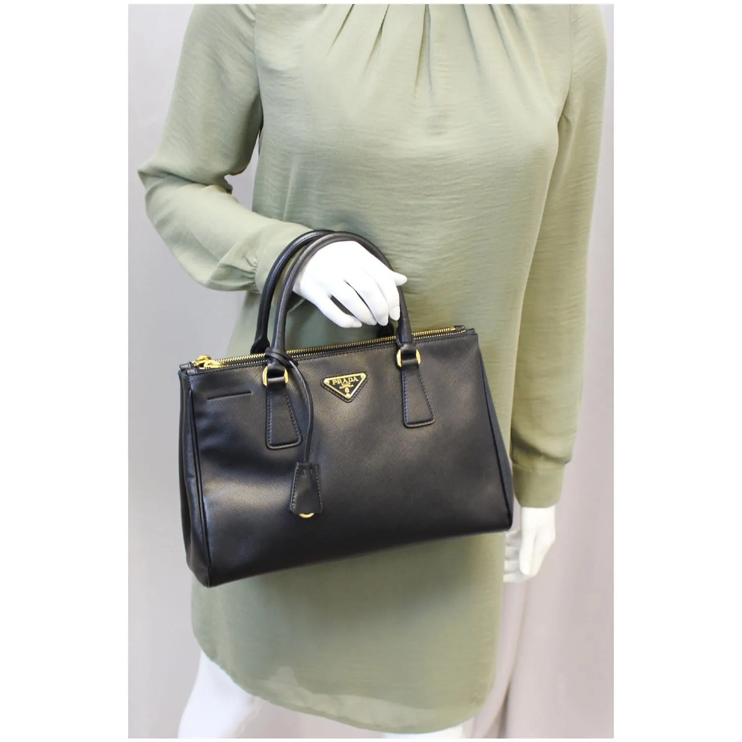 PRADA Saffiano Lux Small Double-Zip Tote Bag Black